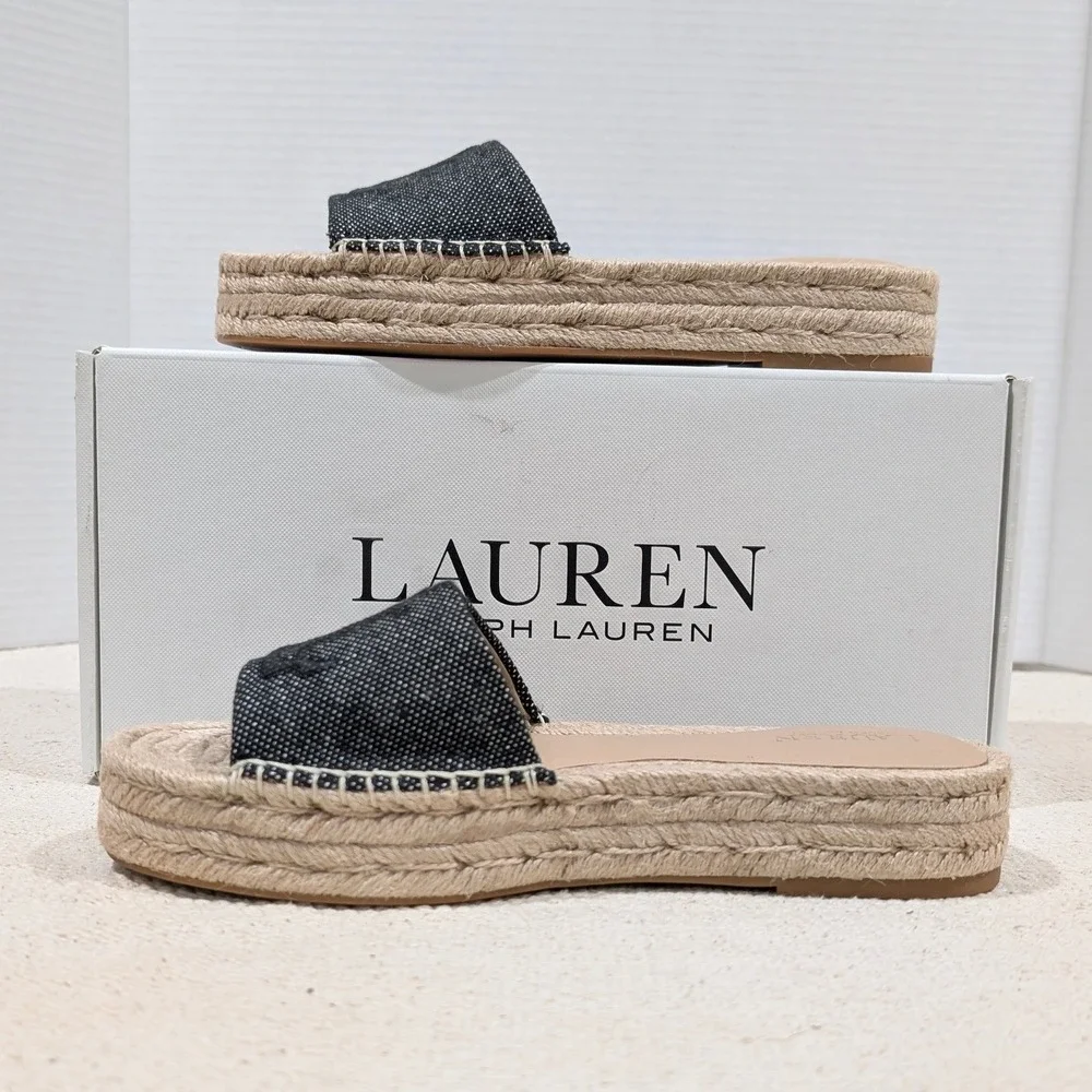 Lauren Ralph Lauren Polly Logo 2 Espadrille Slide Sandals Natural Black 7B NIB
